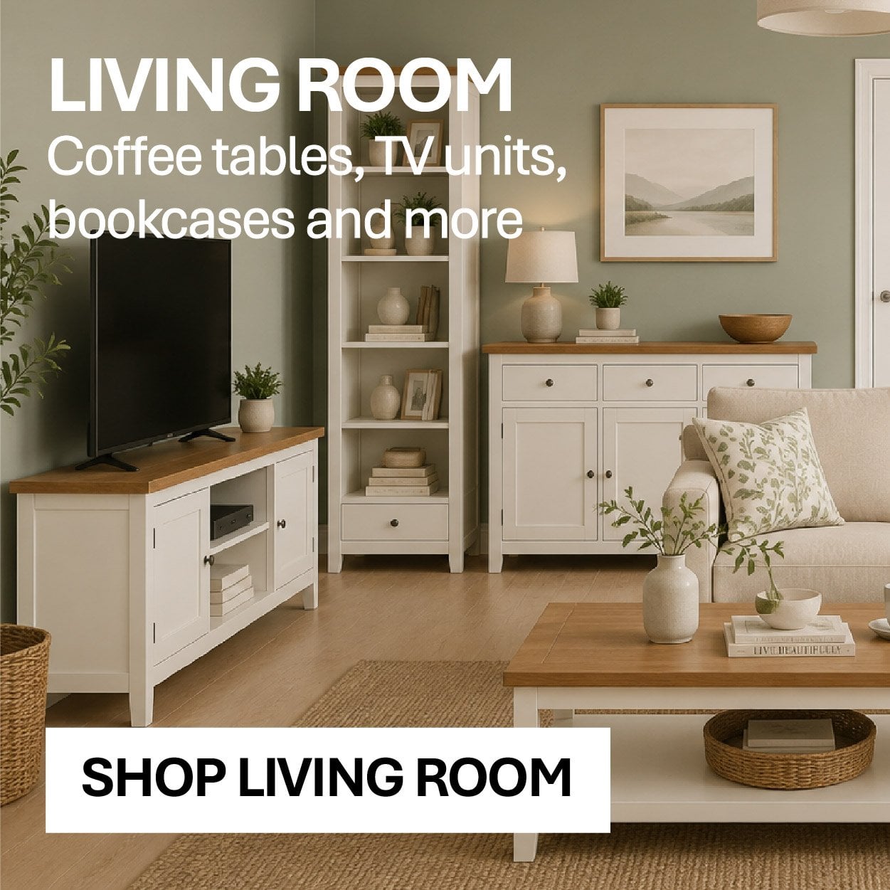 Living room furniture including coffee tables, TV units and bookcases