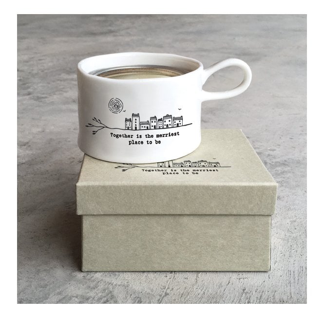 East of India Porcelain Candle Holder and Candle - Together is the merriest place 