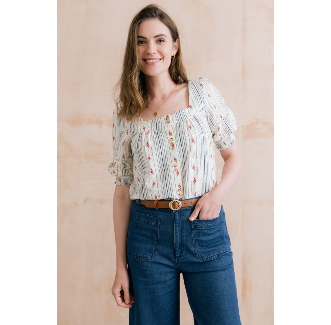 Lily & Me POPPY BLOUSE FLORAL EMBROIDERED STRIPE - ECRU