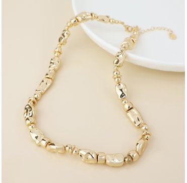 POLISHED FAUX GOLD PLATED ORGANIC SHAPED MULTI BEAD NECKLACE