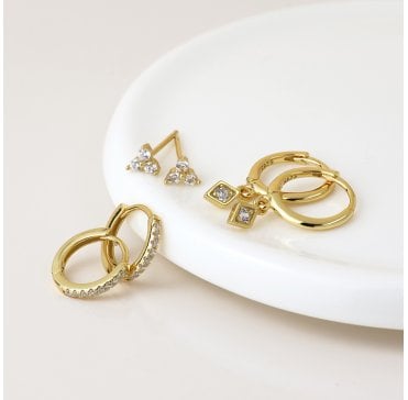 FAUX GOLD TINY CRYSTAL STUD AND HOOP 3 PR PACK