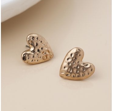 FAUX GOLD WORN HAMMERED HEART STUDS
