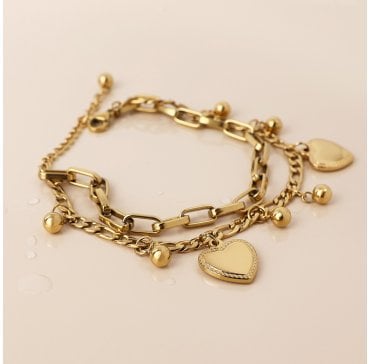 GOLD PLATED STAINLESS STEEL HEARTS AND BEADS CHARM BRACELET