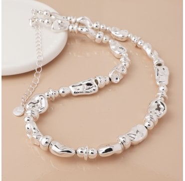 POLISHED SILVER PLATED ORGANIC SHAPED MULTI BEAD NECKLACE