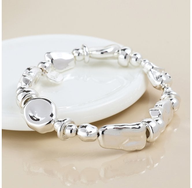 POM POLISHED SILVER PLATED ORGANIC SHAPED MULTI BEAD STRETCH BRACELET