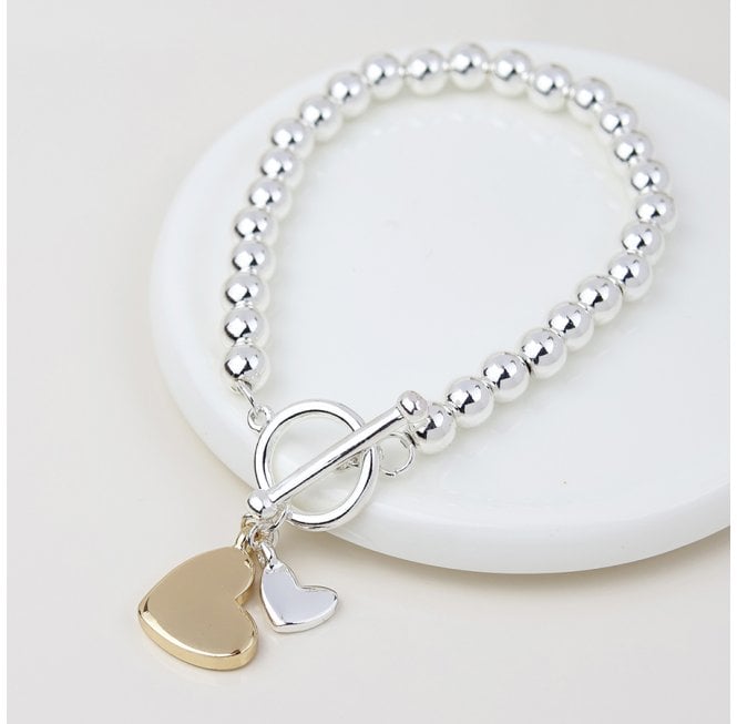 POM SILVER PLATED BEADED T BAR BRACELET WITH SP/GP HEART CHARMS
