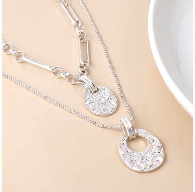 POM SILVER PLATED DOUBLE LAYER PAPER LINK AND BOX CHAIN NECKLACE WITH BEATEN DISCS