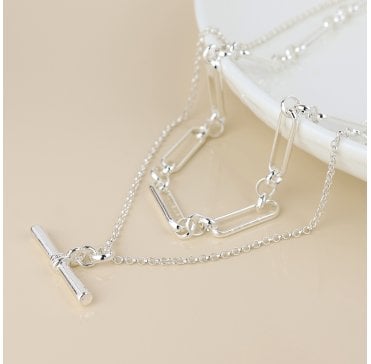 SILVER PLATED PAPER LINK CHAIN AND T BAR DOUBLE LAYER NECKLAE