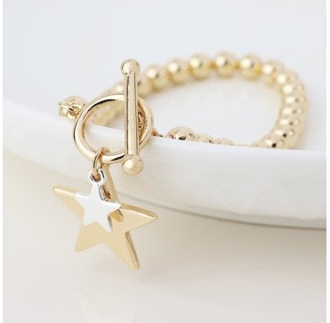 SILVER PLATED T BAR BEADED BRACELET WITH GOLD SMALL STAR/SILVER STAR CHARMS FAUX GOLD PLATED BEADED T BAR BRACELET WITH SILVER PLATED SMALL STAR/GOLD STAR CHARMS