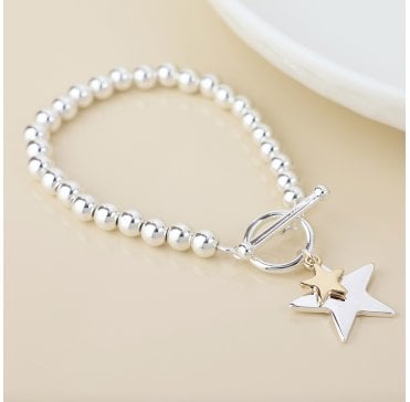 SILVER PLATED T BAR BEADED BRACELET WITH GOLD SMALL STAR/SILVER STAR CHARMS