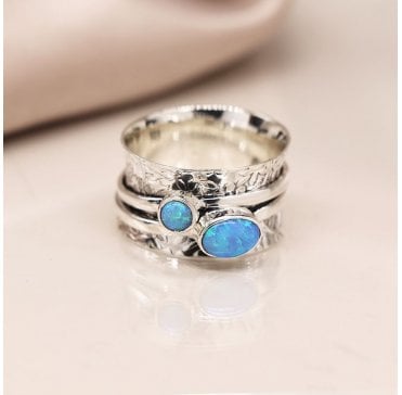 Sterling Silver Leaf Embossed Opal Spinning Ring