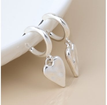 WORN SILVER BEATEN HEART DROP C POST EARRINGS