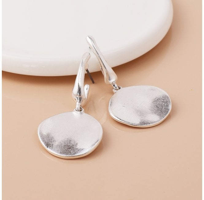 POM WORN SILVER PLATED DISC DROP EARRINGS