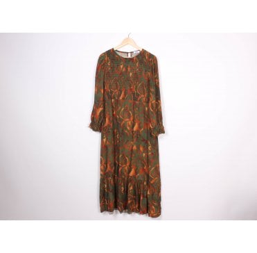 Khaki Shirred Baroque Dress